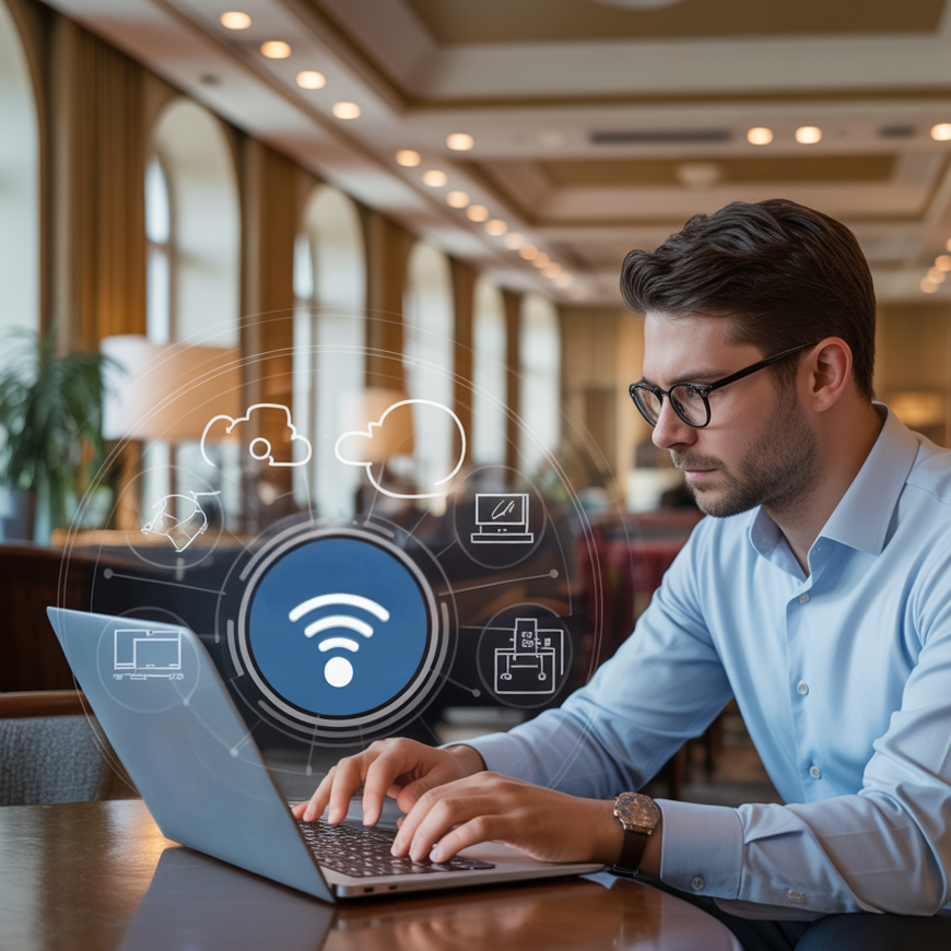 WLAN-Access-Point an der Decke eines modernen Hotelzimmers, professionell über LAN-Kabel angebunden, Teil eines stabilen Gäste-WLAN-Systems von Aplas IT