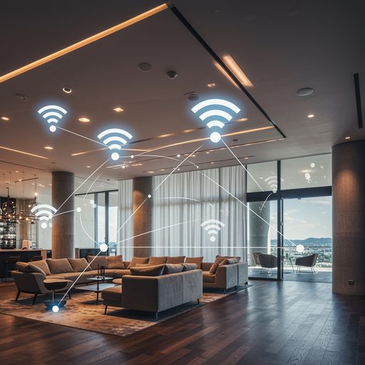 WLAN-Access-Point an der Decke eines modernen Hotelzimmers, professionell über LAN-Kabel angebunden, Teil eines stabilen Gäste-WLAN-Systems von Aplas IT, steuerlich geltend machen