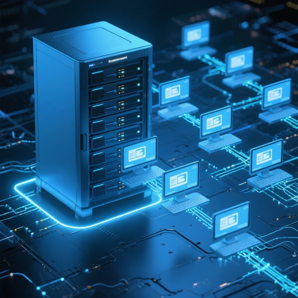 gaeste wlan hotel-render-showing-server-deploying-cloned-system WLAN-Access-Point an der Decke eines modernen Hotelzimmers, professionell über LAN-Kabel angebunden, Teil eines stabilen Gäste-WLAN-Systems von Aplas IT