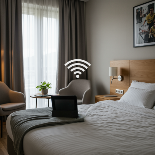 WLAN-Access-Point an der Decke eines modernen Hotelzimmers, professionell über LAN-Kabel angebunden, Teil eines stabilen Gäste-WLAN-Systems von Aplas IT