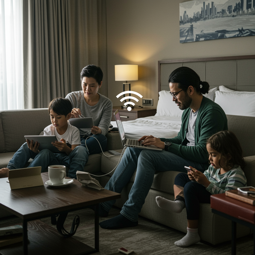 WLAN-Access-Point an der Decke eines modernen Hotelzimmers, professionell über LAN-Kabel angebunden, Teil eines stabilen Gäste-WLAN-Systems von Aplas IT