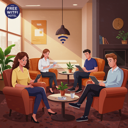 gaeste wlan hotel.happy-hotel-guests-relaxing-in-lounge-using-free-wlan WLAN-Access-Point an der Decke eines modernen Hotelzimmers, professionell über LAN-Kabel angebunden, Teil eines stabilen Gäste-WLAN-Systems von Aplas IT. Internet für Ferienwohnungen: Professionelles Gäste‑WLAN für Vermieter, rechtssicher, stabil und ohne Wartungsaufwand. Mehr Komfort für Ihre Gäste.