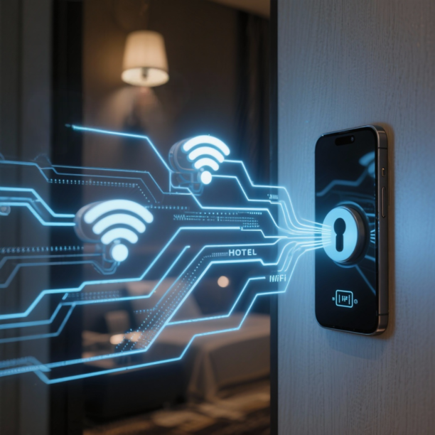 WLAN-Access-Point an der Decke eines modernen Hotelzimmers, professionell über LAN-Kabel angebunden, Teil eines stabilen Gäste-WLAN-Systems von Aplas IT