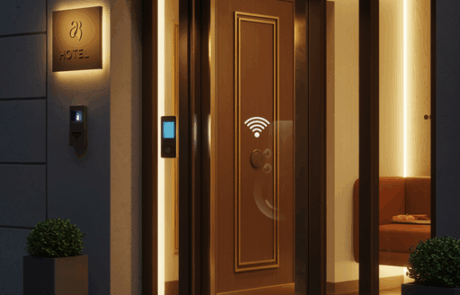 WLAN-Access-Point an der Decke eines modernen Hotelzimmers, professionell über LAN-Kabel angebunden, Teil eines stabilen Gäste-WLAN-Systems von Aplas IT