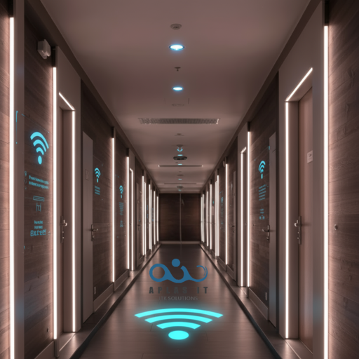 WLAN-Access-Point an der Decke eines modernen Hotelzimmers, professionell über LAN-Kabel angebunden, Teil eines stabilen Gäste-WLAN-Systems von Aplas IT