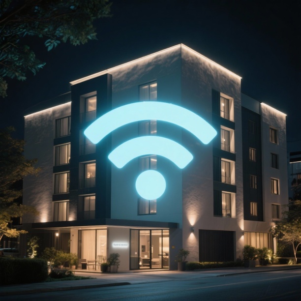 WLAN-Access-Point an der Decke eines modernen Hotelzimmers, professionell über LAN-Kabel angebunden, Teil eines stabilen Gäste-WLAN-Systems von Aplas IT Hamburg