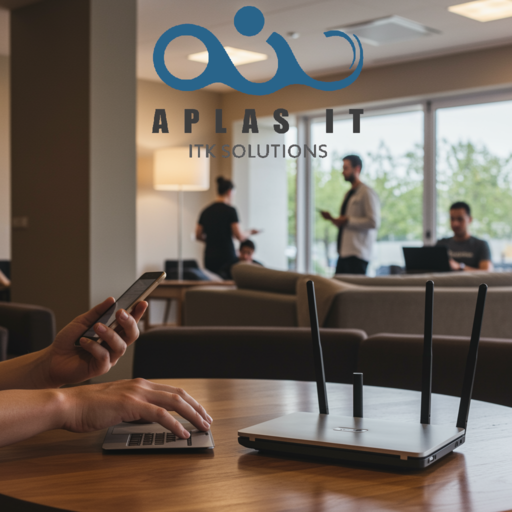 WLAN-Access-Point an der Decke eines modernen Hotelzimmers, professionell über LAN-Kabel angebunden, Teil eines stabilen Gäste-WLAN-Systems von Aplas IT. Gäste-WLAN im Hotel - 6 Dinge, die man beachten muss · 1. WLAN-Abdeckung: · 2. Bandbreite: · 3. Rechtssicherheit: · 4. Einfacher Login: · 5. Gratis WLAN: · 6. Sicherheit der Gäste und des eigenen Netzes