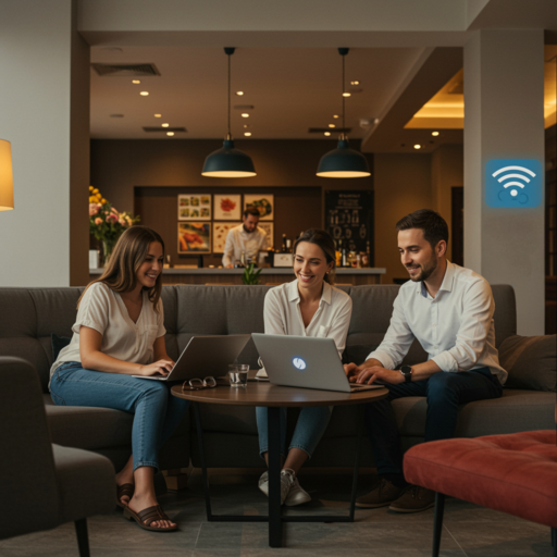 gaeste wlan hotel__modern-hotel-lobby-with-smiling-guests-using-lapto__60152 WLAN-Access-Point an der Decke eines modernen Hotelzimmers, professionell über LAN-Kabel angebunden, Teil eines stabilen Gäste-WLAN-Systems von Aplas IT