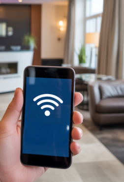 WLAN-Access-Point an der Decke eines modernen Hotelzimmers, professionell über LAN-Kabel angebunden, Teil eines stabilen Gäste-WLAN-Systems von Aplas IT