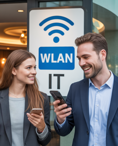 WLAN-Access-Point an der Decke eines modernen Hotelzimmers, professionell über LAN-Kabel angebunden, Teil eines stabilen Gäste-WLAN-Systems von Aplas IT