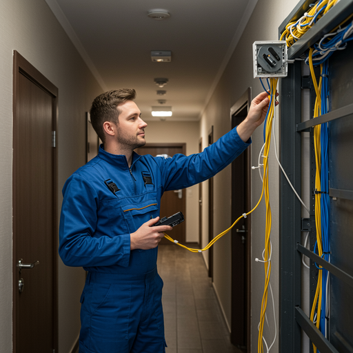 gaeste wlan hotel__technician-installing-wifi-access-point-in-modern-__60157 WLAN-Access-Point an der Decke eines modernen Hotelzimmers, professionell über LAN-Kabel angebunden, Teil eines stabilen Gäste-WLAN-Systems von Aplas IT